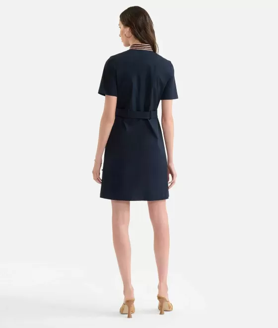 Donna Alviero Martini 1a Classe Abito A Sacchetto Con Collo Alla Coreana In Gabardina Di Cotone Stretch Blu Scuro
