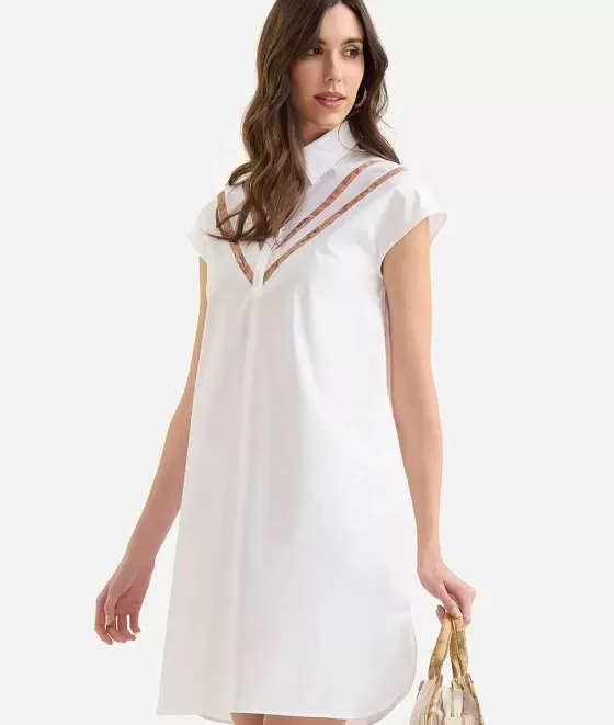 Donna Alviero Martini 1a Classe Abito A Sacchetto Con Motivo Scollo In Popeline Di Cotone Croccante Bianco