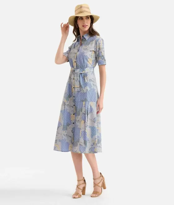 Donna Alviero Martini 1a Classe Abito Chemisier Lungo In Popeline Di Cotone Biologico Stampa Geo Multirighe Blu
