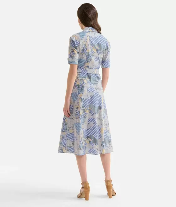 Donna Alviero Martini 1a Classe Abito Chemisier Lungo In Popeline Di Cotone Biologico Stampa Geo Multirighe Blu