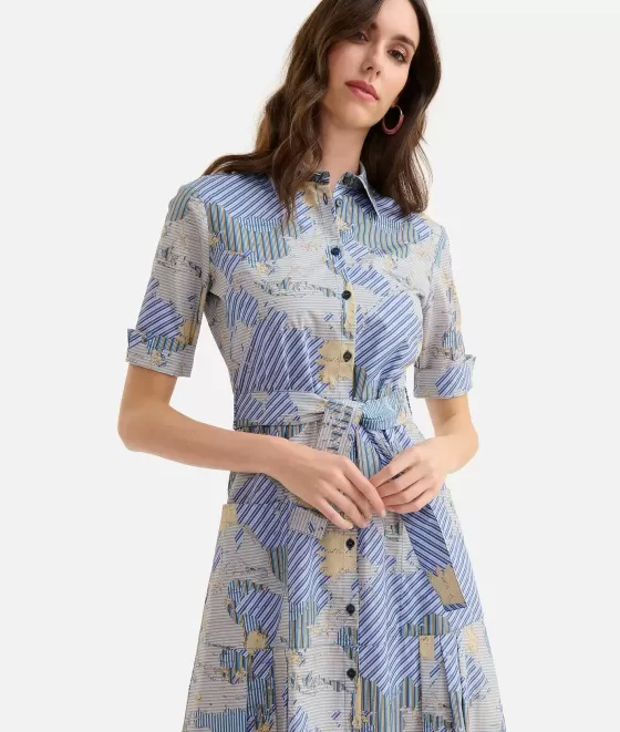 Donna Alviero Martini 1a Classe Abito Chemisier Lungo In Popeline Di Cotone Biologico Stampa Geo Multirighe Blu