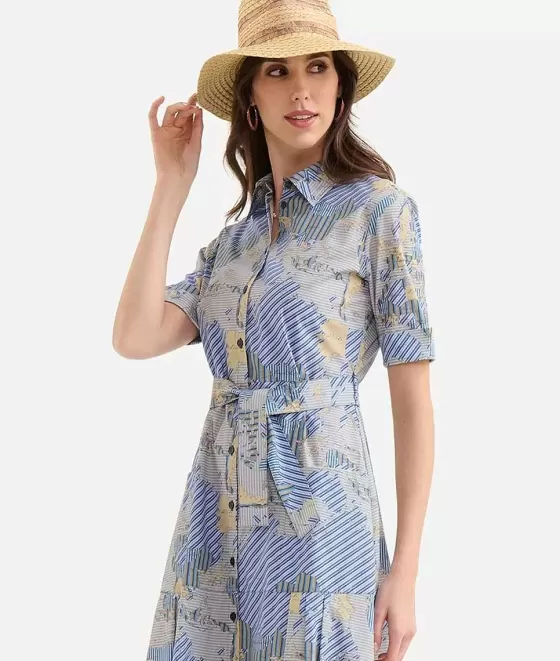 Donna Alviero Martini 1a Classe Abito Chemisier Lungo In Popeline Di Cotone Biologico Stampa Geo Multirighe Blu