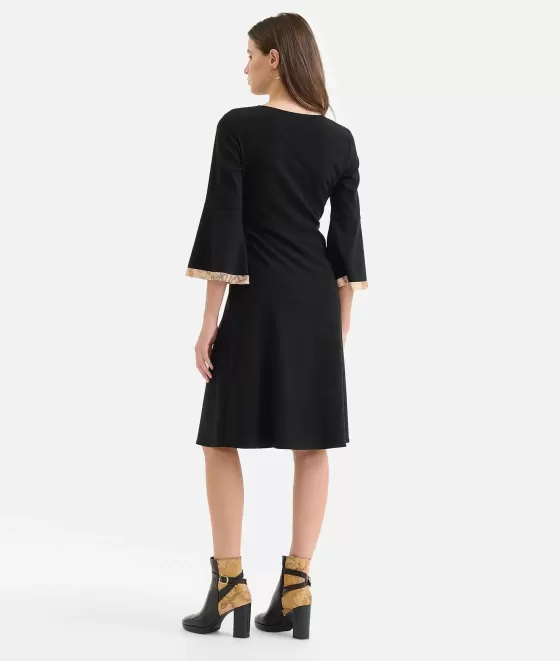 Donna Alviero Martini 1a Classe Abito Con Maniche A Campana In Tessuto Unito Stretch Nero