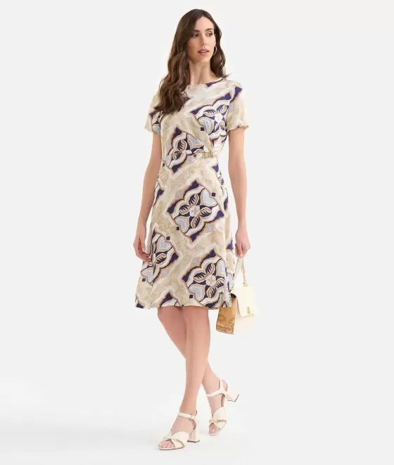 Donna Alviero Martini 1a Classe Abito Con Passante Gioiello In Twill Stampa Geo Miami Deco Blu