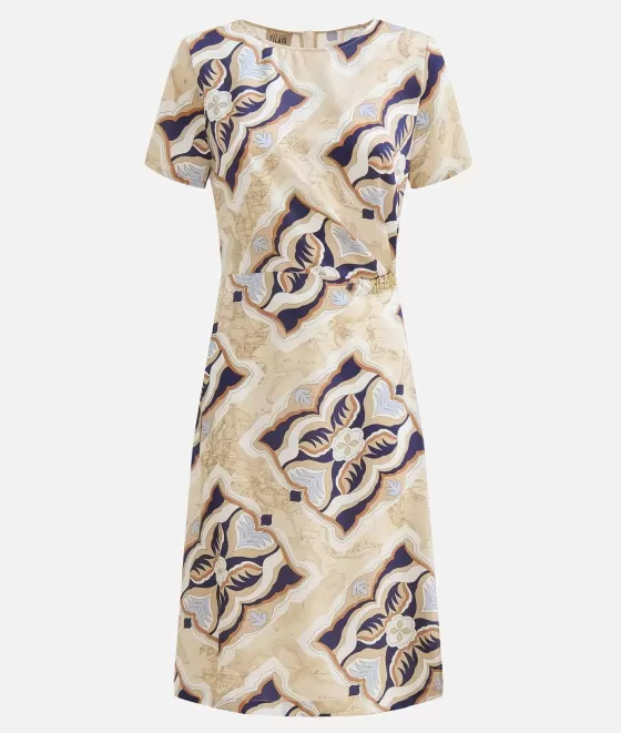 Donna Alviero Martini 1a Classe Abito Con Passante Gioiello In Twill Stampa Geo Miami Deco Blu