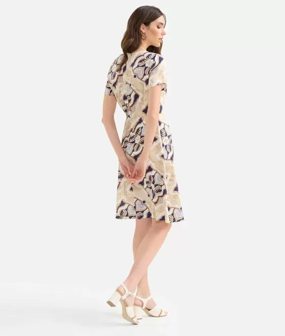 Donna Alviero Martini 1a Classe Abito Con Passante Gioiello In Twill Stampa Geo Miami Deco Blu