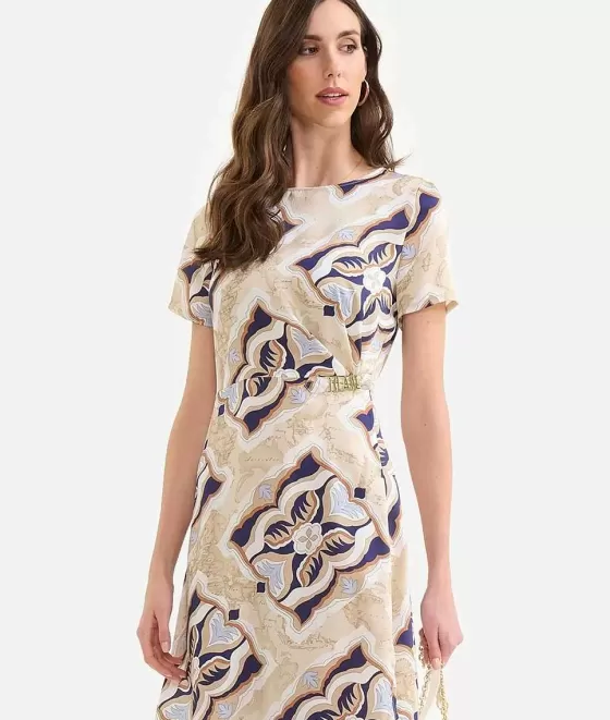 Donna Alviero Martini 1a Classe Abito Con Passante Gioiello In Twill Stampa Geo Miami Deco Blu