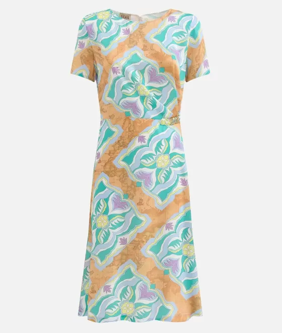 Donna Alviero Martini 1a Classe Abito Con Passante Gioiello In Twill Stampa Geo Miami Deco Lilla