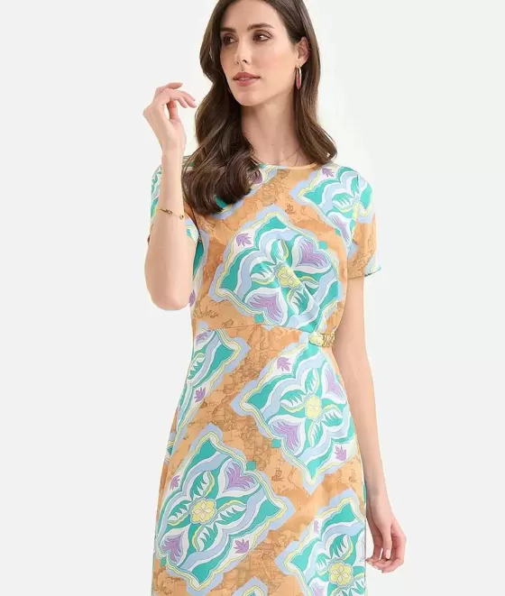 Donna Alviero Martini 1a Classe Abito Con Passante Gioiello In Twill Stampa Geo Miami Deco Lilla