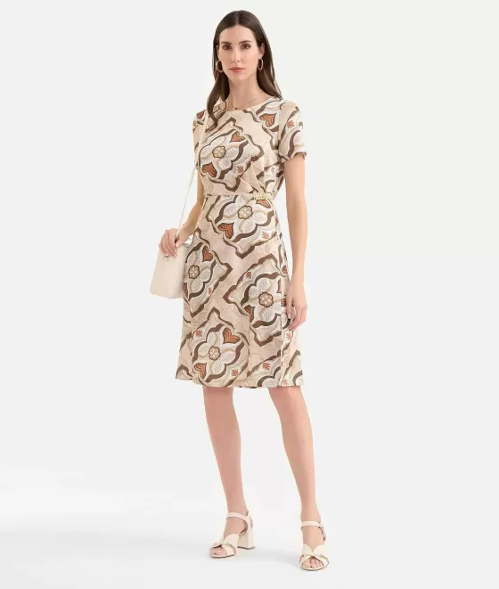 Donna Alviero Martini 1a Classe Abito Con Passante Gioiello In Twill Stampa Geo Miami Deco Sabbia