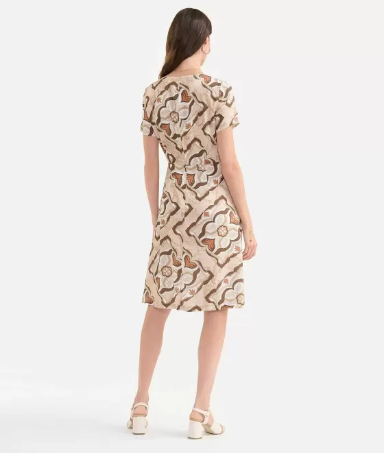 Donna Alviero Martini 1a Classe Abito Con Passante Gioiello In Twill Stampa Geo Miami Deco Sabbia