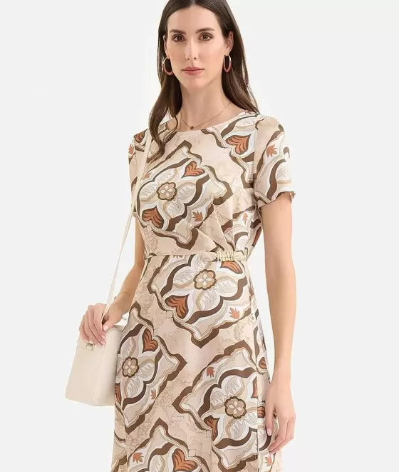 Donna Alviero Martini 1a Classe Abito Con Passante Gioiello In Twill Stampa Geo Miami Deco Sabbia