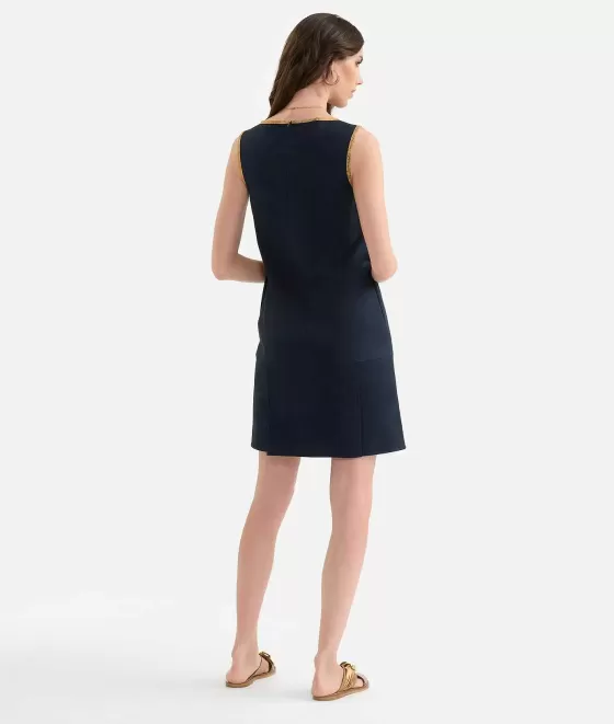 Donna Alviero Martini 1a Classe Abito Con Piegoni In Gabardina Di Cotone Stretch Blu Scuro