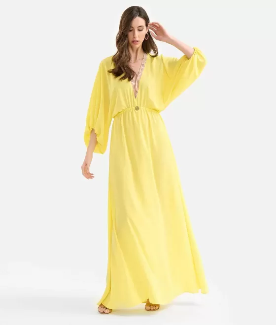 Donna Alviero Martini 1a Classe Abito Lungo Con Medaglietta In Cr Pe De Chine Giallo