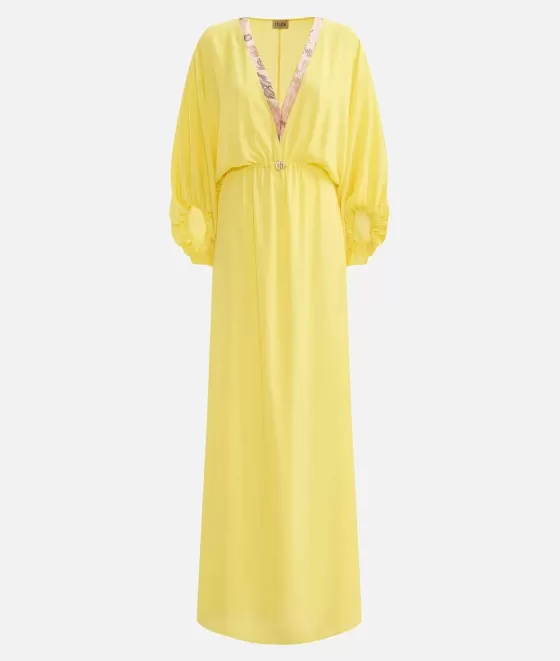 Donna Alviero Martini 1a Classe Abito Lungo Con Medaglietta In Cr Pe De Chine Giallo