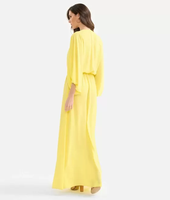 Donna Alviero Martini 1a Classe Abito Lungo Con Medaglietta In Cr Pe De Chine Giallo