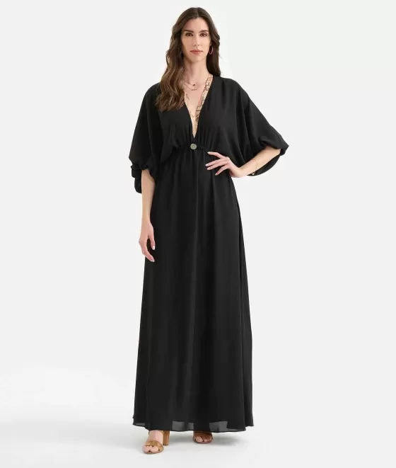Donna Alviero Martini 1a Classe Abito Lungo Con Medaglietta In Cr Pe De Chine Nero