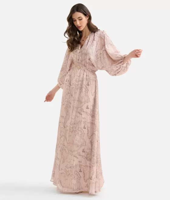 Donna Alviero Martini 1a Classe Abito Lungo Con Medaglietta In Organza Stampa Geo Special Beige