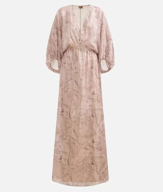 Donna Alviero Martini 1a Classe Abito Lungo Con Medaglietta In Organza Stampa Geo Special Beige