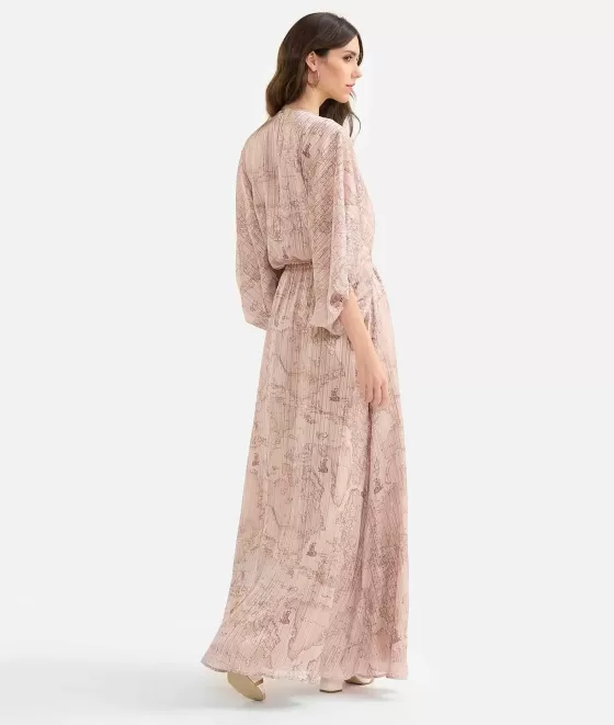 Donna Alviero Martini 1a Classe Abito Lungo Con Medaglietta In Organza Stampa Geo Special Beige