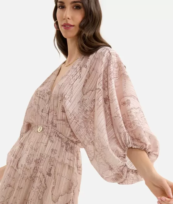 Donna Alviero Martini 1a Classe Abito Lungo Con Medaglietta In Organza Stampa Geo Special Beige
