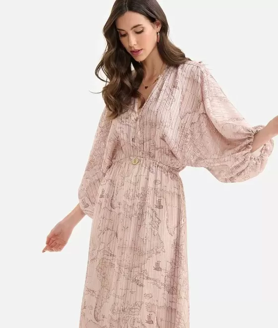 Donna Alviero Martini 1a Classe Abito Lungo Con Medaglietta In Organza Stampa Geo Special Beige