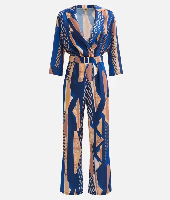 Donna Alviero Martini 1a Classe Abito Tuta Con Cintura In Twill Stampa Geo-Metrico Blu Scuro