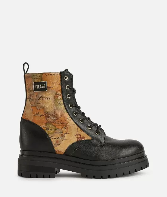 Donna Alviero Martini 1a Classe Anfibi In Pelle Liscia Con Inserti In Eco Nappa Stampa Geo Classic Neri