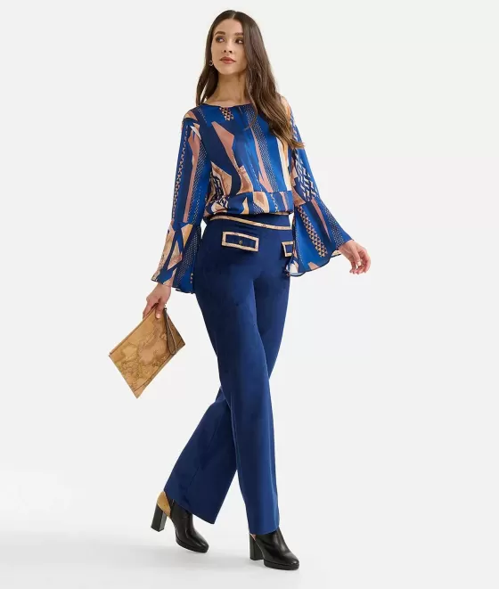 Donna Alviero Martini 1a Classe Blusa Con Manica A Campana In Twill Stampa Geo-Metrico Blu Scuro
