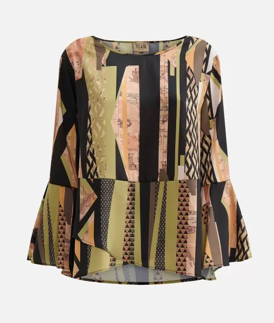 Donna Alviero Martini 1a Classe Blusa Con Manica A Campana In Twill Stampa Geo-Metrico Verde