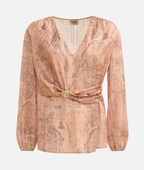 Donna Alviero Martini 1a Classe Blusa Con Spilla In Organza Stampa Geo Special Beige