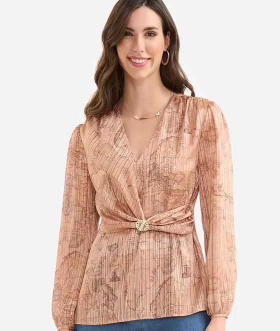 Donna Alviero Martini 1a Classe Blusa Con Spilla In Organza Stampa Geo Special Beige