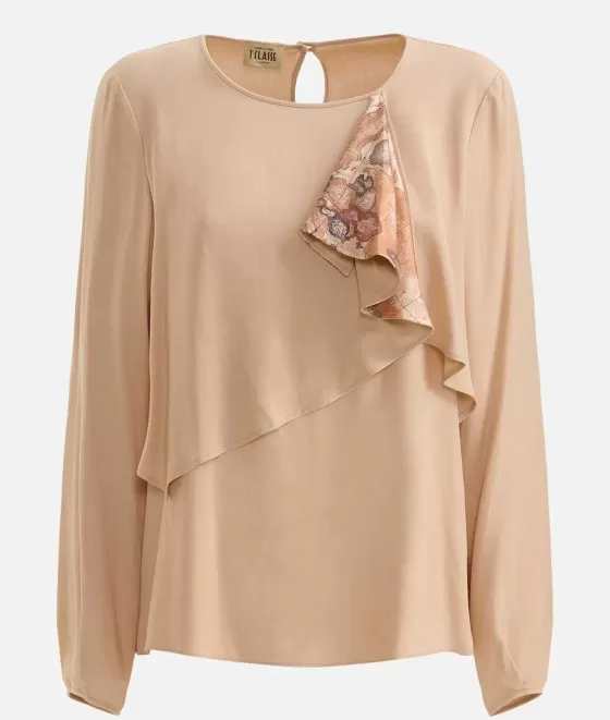 Donna Alviero Martini 1a Classe Blusa Con Volant In Viscosa Eco-Recycled Cammello