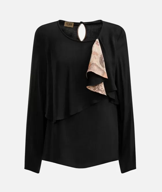 Donna Alviero Martini 1a Classe Blusa Con Volant In Viscosa Eco-Recycled Nera