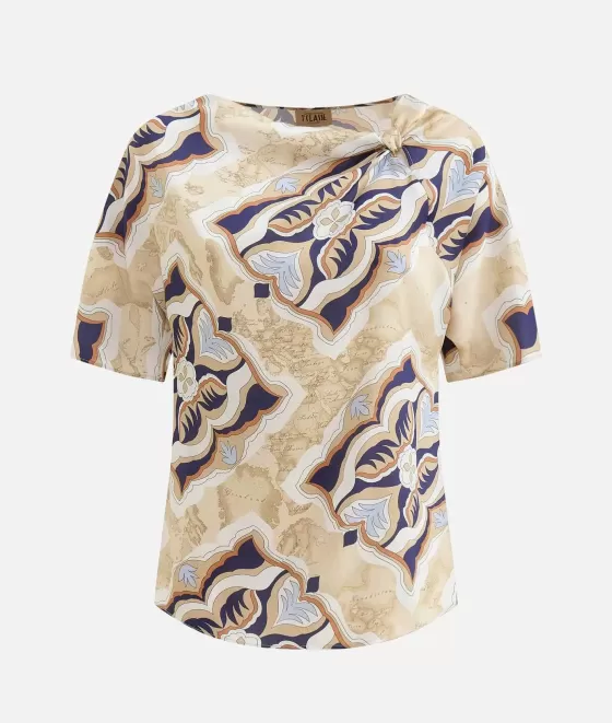 Donna Alviero Martini 1a Classe Blusa Manica Kimono In Twill Stampa Geo Miami Deco Blu