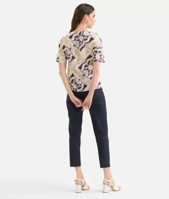 Donna Alviero Martini 1a Classe Blusa Manica Kimono In Twill Stampa Geo Miami Deco Blu