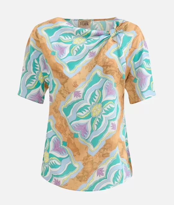 Donna Alviero Martini 1a Classe Blusa Manica Kimono In Twill Stampa Geo Miami Deco Lilla