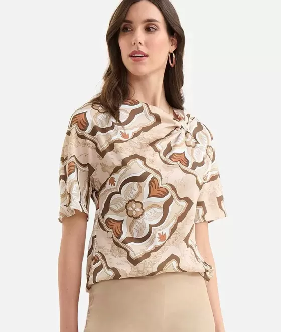 Donna Alviero Martini 1a Classe Blusa Manica Kimono In Twill Stampa Geo Miami Deco Sabbia