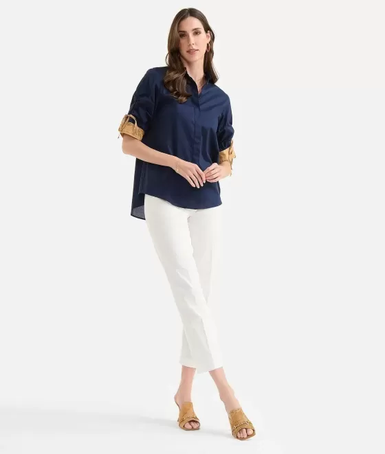 Donna Alviero Martini 1a Classe Camicia Con Laccetti In Popeline Di Cotone Stretch Blu Notte