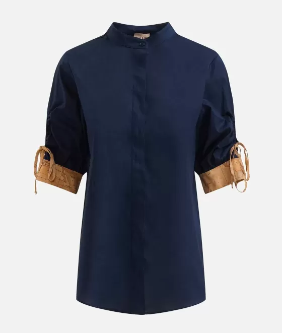 Donna Alviero Martini 1a Classe Camicia Con Laccetti In Popeline Di Cotone Stretch Blu Notte