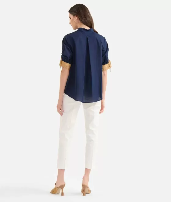 Donna Alviero Martini 1a Classe Camicia Con Laccetti In Popeline Di Cotone Stretch Blu Notte