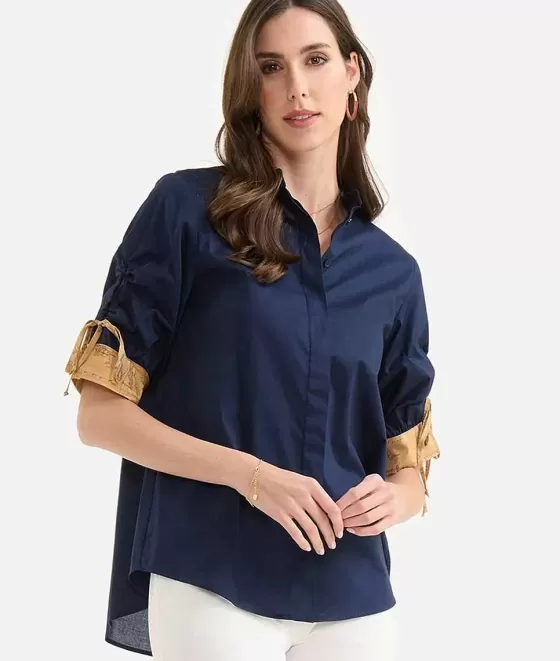 Donna Alviero Martini 1a Classe Camicia Con Laccetti In Popeline Di Cotone Stretch Blu Notte