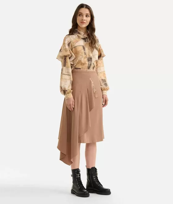 Donna Alviero Martini 1a Classe Camicia Con Rouches In Twill Stampa Geo Gold Chain Cammello