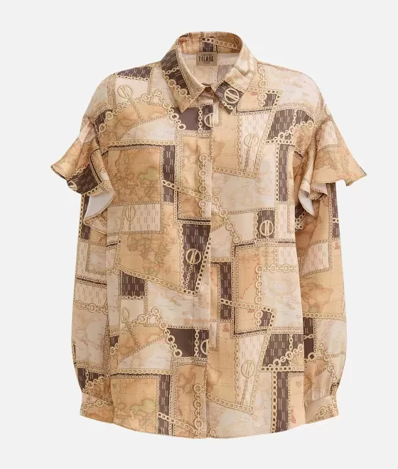 Donna Alviero Martini 1a Classe Camicia Con Rouches In Twill Stampa Geo Gold Chain Cammello