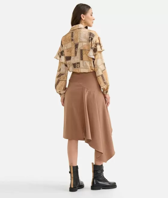 Donna Alviero Martini 1a Classe Camicia Con Rouches In Twill Stampa Geo Gold Chain Cammello