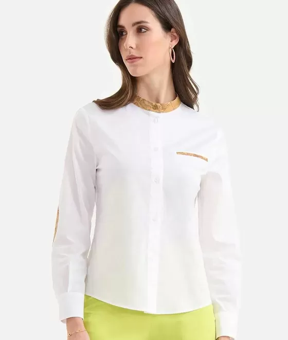 Donna Alviero Martini 1a Classe Camicia Coreana Con Toppe In Popeline Di Cotone Stretch Bianca