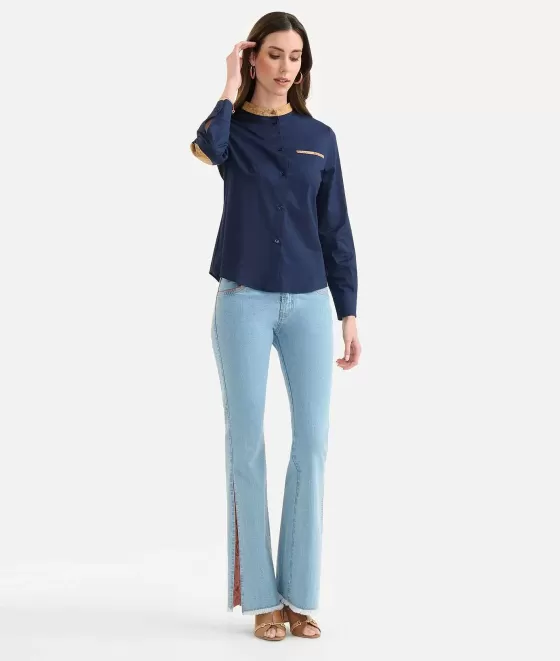 Donna Alviero Martini 1a Classe Camicia Coreana Con Toppe In Popeline Di Cotone Stretch Blu Notte