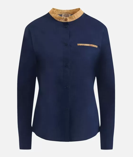 Donna Alviero Martini 1a Classe Camicia Coreana Con Toppe In Popeline Di Cotone Stretch Blu Notte