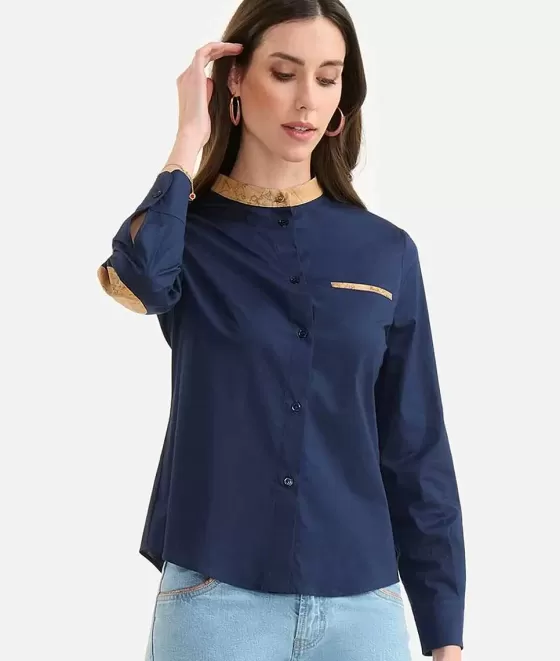 Donna Alviero Martini 1a Classe Camicia Coreana Con Toppe In Popeline Di Cotone Stretch Blu Notte