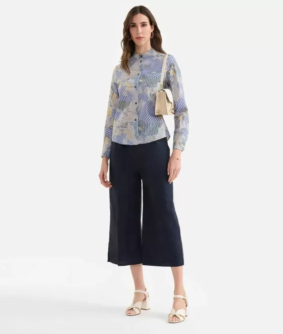 Donna Alviero Martini 1a Classe Camicia Coreana In Popeline Di Cotone Biologico Stampa Geo Multirighe Blu